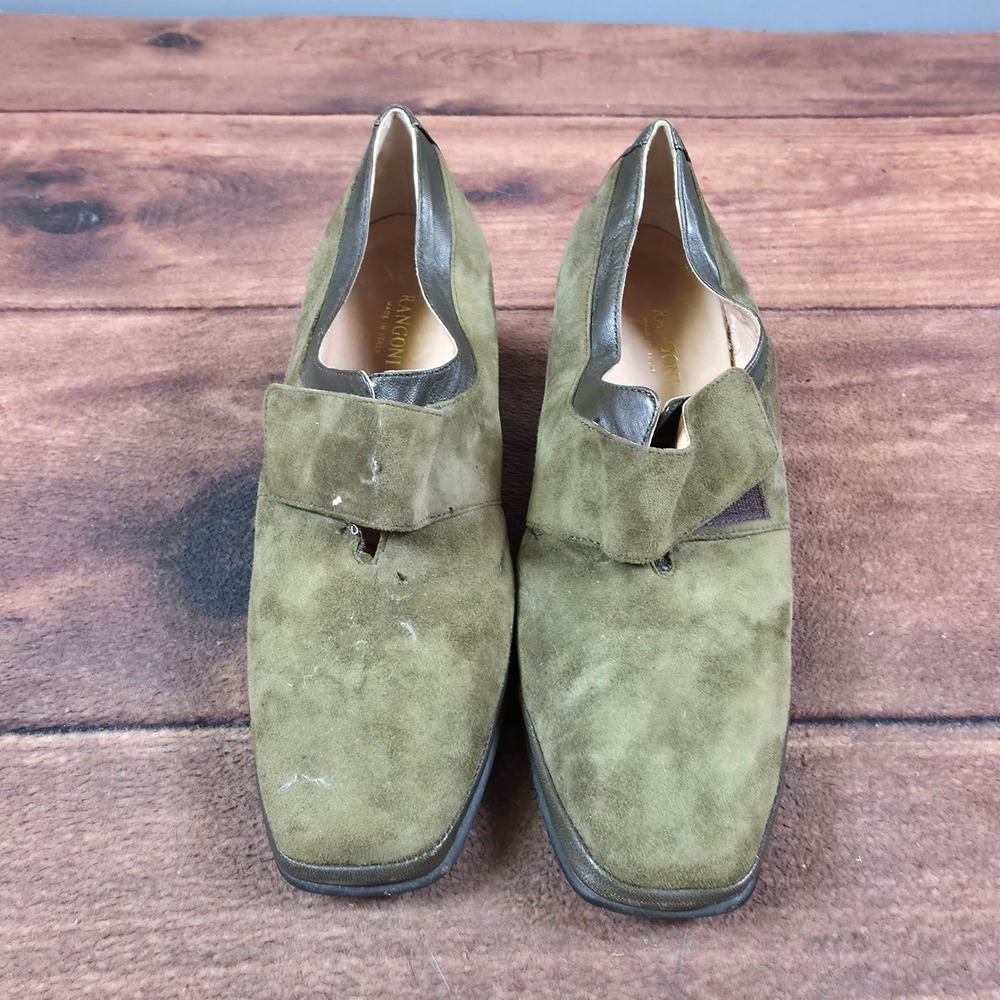 Rangoni Amalfi Square Toe Pumps Womens 8B Olive Green Good Suede Block Heel